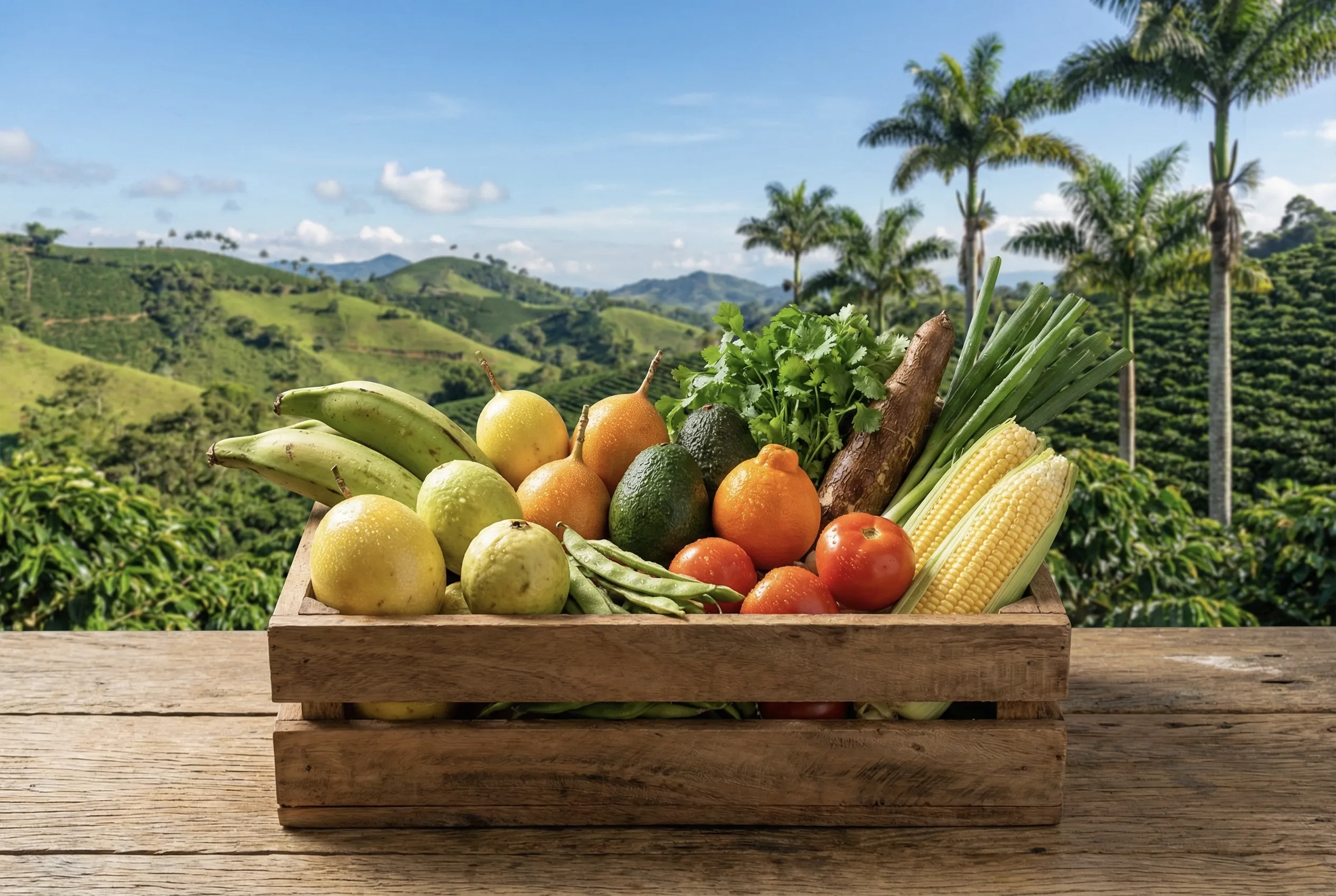 Canasta artesanal con frutas y verduras frescas del Quindío - Aguacate Hass, plátano, tomate, cebolla y más productos recién cosechados